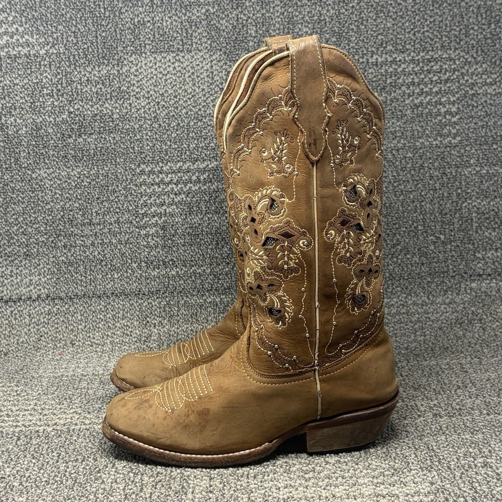 Tanner Mark 1639 Women's Approx US 6.5 MX 23.5 Inlay Brown Leather Cowboy Boots
